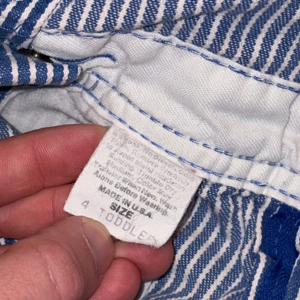 Vtg OshKosh Bgosh Kids 4T Hickory Stripe Denim Shortalls Made in USA Blue White